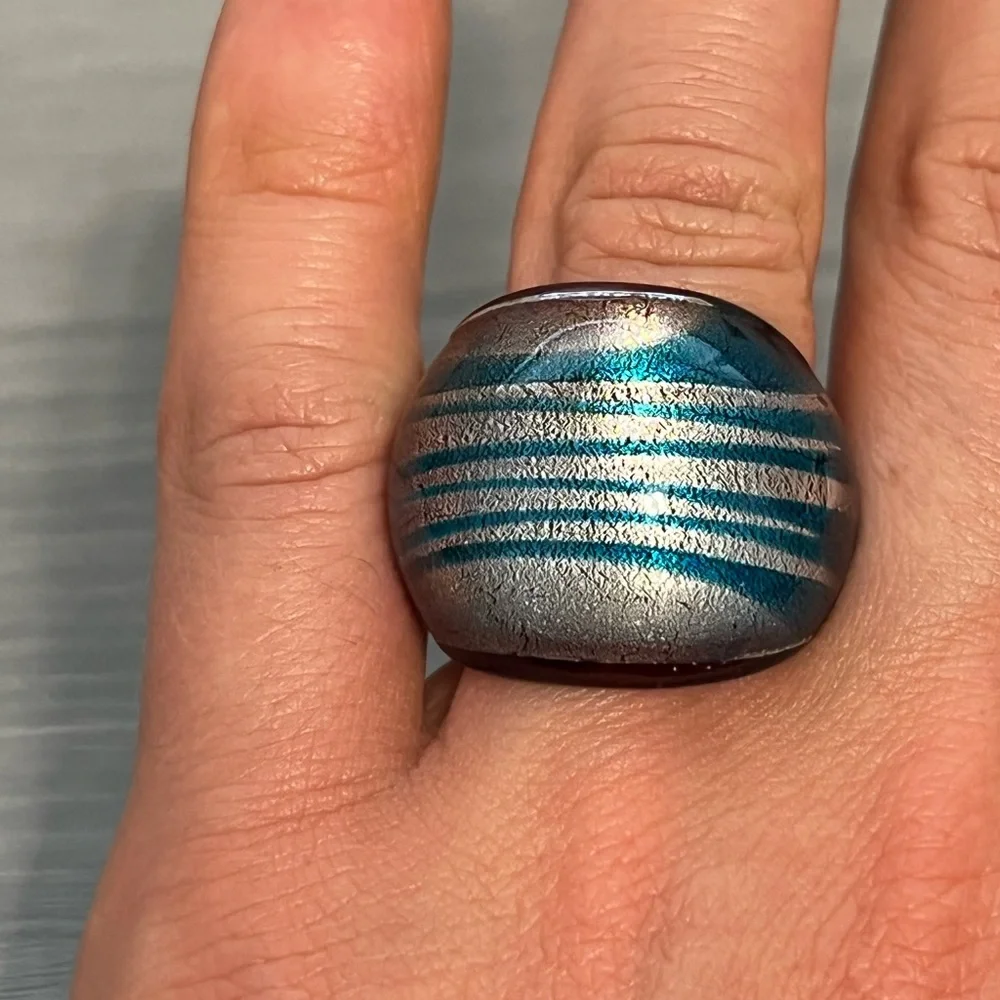 Vintage Glass Ring with Silver and Teal Stripes, Size 6.5, Boho - Picture 1 of 4